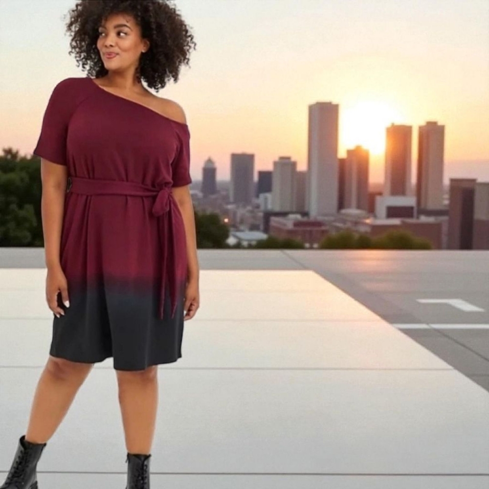 Torrid NWT 3X Burgundy & Black Tie Dye French Terry Dress Calli Off The Shoulder